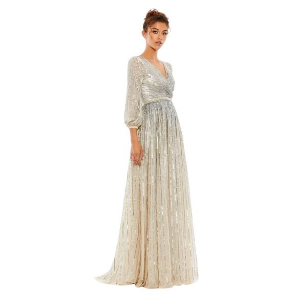 Mac Duggal 5509 Silver/Beige Sequins 3/4 Sleeve Gown Size 8 $598 - Picture 3 of 8